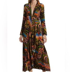 Farm Rio Macaw Island Tropical FALL Black  L/S Boho MIDI Dress Tag XL fit Large